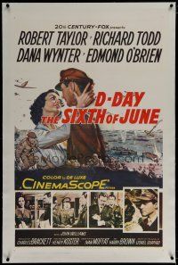 6z102 D-DAY THE SIXTH OF JUNE linen 1sh '56 art of Robert Taylor & sexy Dana Wynter in WWII!