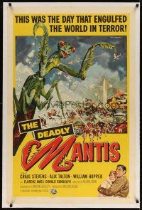 6z105 DEADLY MANTIS linen 1sh '57 classic art of soldiers attacking giant insect by Ken Sawyer!