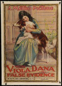 6z138 FALSE EVIDENCE linen 1sh '19 stone litho of pretty Viola Dana hugging her cute dog!