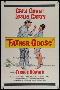 6z140 FATHER GOOSE linen 1sh '65 art of pretty Leslie Caron laughing at sea captain Cary Grant!