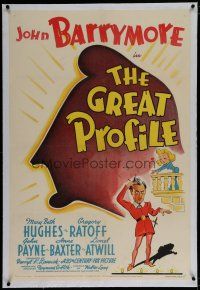 6z176 GREAT PROFILE linen 1sh '40 great cartoon art of John Barrymore's famous profile + as Hamlet!