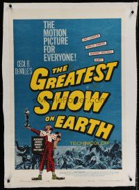 6z178 GREATEST SHOW ON EARTH linen 1sh R60 Cecil B. DeMille circus classic, clown James Stewart!
