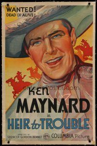 6z190 HEIR TO TROUBLE linen 1sh '35 best stone litho of cowboy Ken Maynard, wanted dead or alive!
