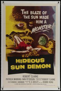 6z192 HIDEOUS SUN DEMON linen 1sh '59 the blaze of the sun made Robert Clarke a monster, cool art!