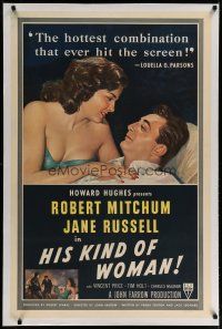 6z196 HIS KIND OF WOMAN linen 1sh '51 Robert Mitchum, sexy Jane Russell, presented by Howard Hughes!