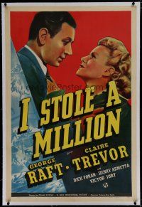 6z203 I STOLE A MILLION linen 1sh '39 cool romatic art of George Raft & pretty Claire Trevor!