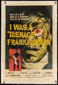 6z206 I WAS A TEENAGE FRANKENSTEIN linen 1sh '57 wonderful c/u art of monster + holding sexy girl!