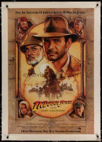 6z209 INDIANA JONES & THE LAST CRUSADE linen int'l advance 1sh '89 art of Ford & Connery by Drew!
