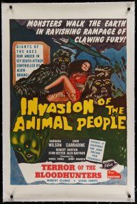 6z211 INVASION OF THE ANIMAL PEOPLE/TERROR OF THE BLOODHUNTERS linen 1sh '62 monsters & sexy girl!