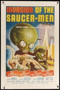 6z212 INVASION OF THE SAUCER MEN linen 1sh '57 classic art of cabbage head aliens & sexy girl!