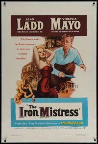 6z216 IRON MISTRESS linen 1sh '52 Alan Ladd as Jim Bowie w/ his famous knife & sexy Virginia Mayo!