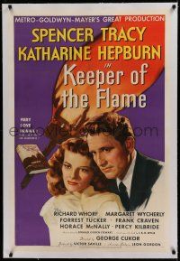 6z227 KEEPER OF THE FLAME linen style C 1sh '42 c/u of Spencer Tracy & Katharine Hepburn w/ torch!