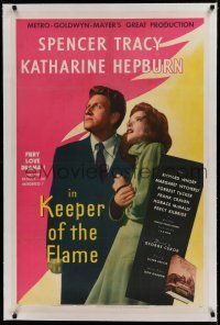 6z228 KEEPER OF THE FLAME linen style D 1sh '42 c/u of Spencer Tracy & Katharine Hepburn looking up!
