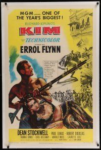 6z230 KIM linen 1sh '50 Errol Flynn & Dean Stockwell in mystic India, from Rudyard Kipling story!