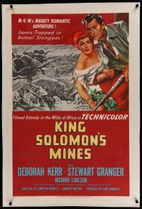 6z234 KING SOLOMON'S MINES linen 1sh '50 art of Deborah Kerr & Granger stampeding African animals!
