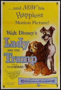 6z242 LADY & THE TRAMP linen 1sh '55 Walt Disney romantic canine dog classic cartoon!