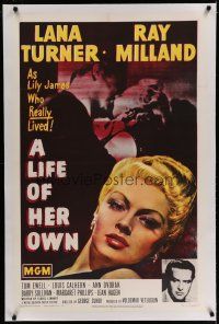 6z246 LIFE OF HER OWN linen 1sh '50 sexy Lana Turner close up artwork, Ray Milland!