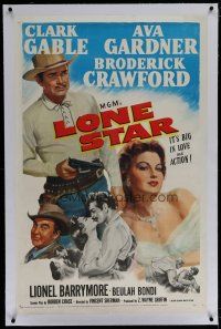 6z255 LONE STAR linen 1sh '51 artwork of Clark Gable with gun & kissing sexy Ava Gardner!