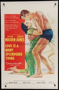 6z258 LOVE IS A MANY-SPLENDORED THING linen 1sh '55 art of William Holden & Jennifer Jones!
