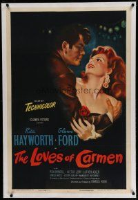 6z259 LOVES OF CARMEN linen 1sh '48 romantic c/u art of sexy Rita Hayworth & Glenn Ford!