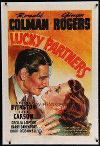 6z262 LUCKY PARTNERS linen 1sh '40 Ronald Colman & Ginger Rogers are unmarried but win lottery!