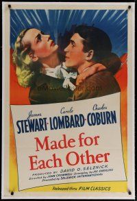 6z267 MADE FOR EACH OTHER linen 1sh R44 troubled young couple Carole Lombard & James Stewart!