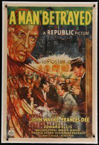 6z270 MAN BETRAYED linen 1sh '41 John Wayne investigates murder & falls for pretty Frances Dee!