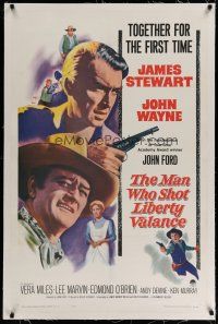 6z272 MAN WHO SHOT LIBERTY VALANCE linen 1sh '62 John Wayne & James Stewart 1st time together, Ford
