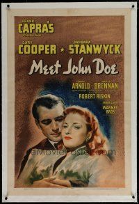 6z279 MEET JOHN DOE linen 1sh '41 c/u art of Gary Cooper & Barbara Stanwyck, directed by Frank Capra