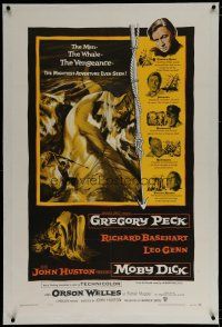 6z285 MOBY DICK linen 1sh '56 John Huston, art of Gregory Peck & the giant whale by Gustav Rehberger