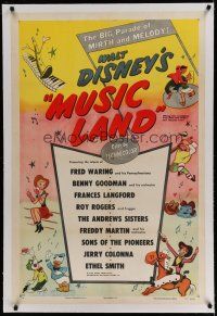 6z289 MUSIC LAND linen 1sh '55 Walt Disney, cartoon art of Donald Duck, Joe Carioca & more!