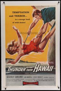 6z296 NAKED PARADISE linen 1sh R60 art of sexy Beverly Garland caught by hook, Thunder Over Hawaii!
