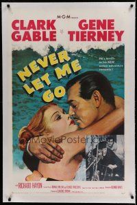 6z300 NEVER LET ME GO linen 1sh '53 romantic close up artwork of Clark Gable & sexy Gene Tierney!