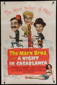 6z302 NIGHT IN CASABLANCA linen 1sh '46 wonderful art of The Marx Brothers, Groucho, Chico & Harpo!