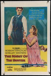 6z303 NIGHT OF THE HUNTER linen 1sh '55 Robert Mitchum, Shelley Winters, Charles Laughton classic!