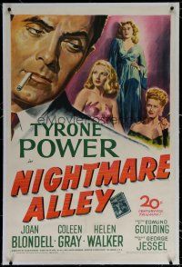 6z305 NIGHTMARE ALLEY linen 1sh '47 Tyrone Power is a carnival barker whose life goes very wrong!