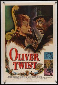 6z313 OLIVER TWIST linen 1sh '51 Robert Newton as Bill Sykes, directed by David Lean, cool art!