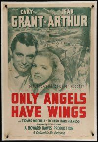 6z315 ONLY ANGELS HAVE WINGS linen 1sh R48 close up of Cary Grant & Jean Arthur, Howard Hawks!