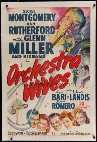 6z316 ORCHESTRA WIVES linen 1sh '42 colorful art of Glenn Miller playing trombone + cast portraits!
