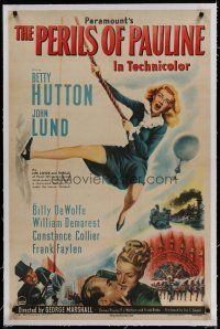 6z325 PERILS OF PAULINE linen 1sh '47 wacky art of Betty Hutton as silent screen heroine!