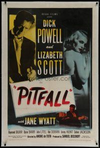 6z333 PITFALL linen 1sh '48 Dick Powell is as strong as steel but Lizabeth Scott will break him!