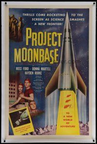 6z346 PROJECT MOONBASE linen 1sh '53 Robert Heinlein, cool art of rocket ship & wacky astronauts!