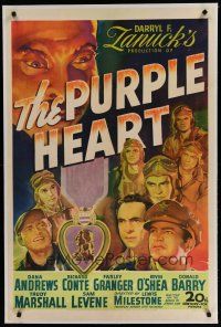 6z349 PURPLE HEART linen 1sh '44 Dana Andrews, the drama behind the bombing of Japan, cool art!