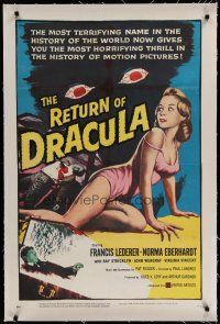 6z357 RETURN OF DRACULA linen 1sh '58 art of sexy girl being watched by creepy vampire eyes!