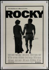 6z366 ROCKY linen 1sh '76 boxer Sylvester Stallone holding hands with Talia Shire, boxing classic!
