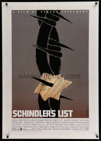 6z379 SCHINDLER'S LIST linen 1sh '93 Steven Spielberg, different unused art by Saul Bass, very rare!
