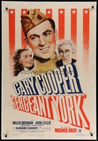 6z387 SERGEANT YORK linen 1sh R49 great headshot of Gary Cooper in uniform, Howard Hawks, WWI!