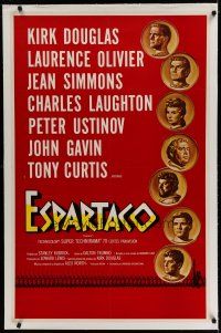6z413 SPARTACUS linen Spanish/U.S. 1sh '61 classic Stanley Kubrick, art of cast by Reynold Brown/Sam Bass!