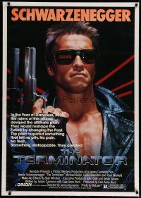 6z429 TERMINATOR linen 1sh '84 close up of classic cyborg Arnold Schwarzenegger with gun!