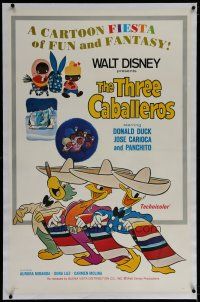 6z439 THREE CABALLEROS linen 1sh R77 Disney, cartoon art of Donald Duck, Panchito & Joe Carioca!
